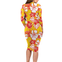 Yellow Hawaii Hibiscus Family Matching Long Sleeve Bodycon Dress and Hawaiian Shirt Tropical Flowers Seamless Pattern - Polynesian Pride