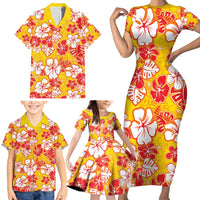 Yellow Hawaii Hibiscus Family Matching Short Sleeve Bodycon Dress and Hawaiian Shirt Tropical Flowers Seamless Pattern - Polynesian Pride