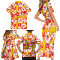 Yellow Hawaii Hibiscus Family Matching Short Sleeve Bodycon Dress and Hawaiian Shirt Tropical Flowers Seamless Pattern - Polynesian Pride