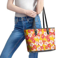 Yellow Hawaii Hibiscus Leather Tote Bag Tropical Flowers Seamless Pattern - Polynesian Pride