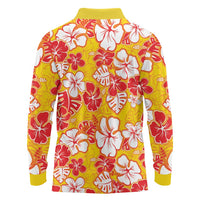 Yellow Hawaii Hibiscus Long Sleeve Polo Shirt Tropical Flowers Seamless Pattern - Polynesian Pride