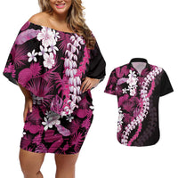 Akala Aloha Hawaii Lei Couples Matching Off Shoulder Short Dress and Hawaiian Shirt Tropical Flowers Elegant Vibe - Polynesian Pride