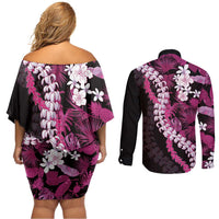 Akala Aloha Hawaii Lei Couples Matching Off Shoulder Short Dress and Long Sleeve Button Shirt Tropical Flowers Elegant Vibe - Polynesian Pride