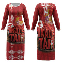 Tonga Rugby Custom Family Matching Long Sleeve Bodycon Dress and Hawaiian Shirt 2026 Go Ikale Tahi Ngatu Pattern LT14 Mom's Dress Red - Polynesian Pride