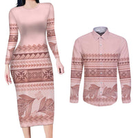 Pastel Pink Samoa Siapo Teuila Flowers Couples Matching Long Sleeve Bodycon Dress and Long Sleeve Button Shirt LT14 Pastel Pink - Polynesian Pride