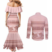 Pastel Pink Samoa Siapo Teuila Flowers Couples Matching Mermaid Dress and Long Sleeve Button Shirt LT14 - Polynesian Pride