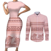 Pastel Pink Samoa Siapo Teuila Flowers Couples Matching Short Sleeve Bodycon Dress and Long Sleeve Button Shirt LT14 Pastel Pink - Polynesian Pride