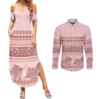 Pastel Pink Samoa Siapo Teuila Flowers Couples Matching Summer Maxi Dress and Long Sleeve Button Shirt LT14 Pastel Pink - Polynesian Pride
