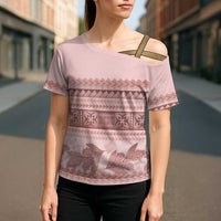 Pastel Pink Samoa Siapo Teuila Flowers Cross Shoulder Shirt LT14 - Polynesian Pride