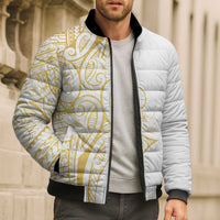 Polynesia White Sunday Bomber Puffer Jacket Plumeria Polynesian Tribal Gold Color LT14 - Polynesian Pride
