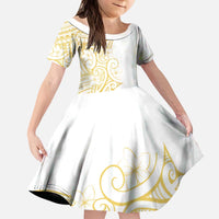 Polynesia White Sunday Kid Short Sleeve Dress Plumeria Polynesian Tribal Gold Color - Polynesian Pride