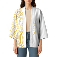 Polynesia White Sunday Kimono Plumeria Polynesian Tribal Gold Color - Polynesian Pride
