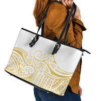 Polynesia White Sunday Leather Tote Bag Plumeria Polynesian Tribal Gold Color - Polynesian Pride