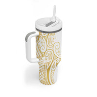 Polynesia White Sunday Tumbler With Handle Plumeria Polynesian Tribal Gold Color - Polynesian Pride