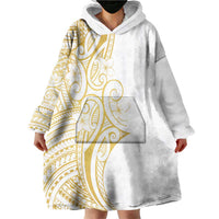 Polynesia White Sunday Wearable Blanket Hoodie Plumeria Polynesian Tribal Gold Color LT14 - Polynesian Pride