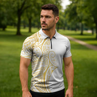 Polynesia White Sunday Zipper Polo Shirt Plumeria Polynesian Tribal Gold Color LT14 - Polynesian Pride