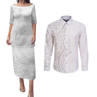 Polynesia White Sunday Couples Matching Puletasi and Long Sleeve Button Shirt Plumeria Polynesian Tribal Grey Color LT14 White - Polynesian Pride