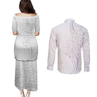 Polynesia White Sunday Couples Matching Puletasi and Long Sleeve Button Shirt Plumeria Polynesian Tribal Grey Color LT14 - Polynesian Pride