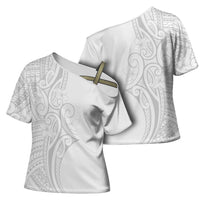 Polynesia White Sunday Cross Shoulder Shirt Plumeria Polynesian Tribal Grey Color LT14 - Polynesian Pride
