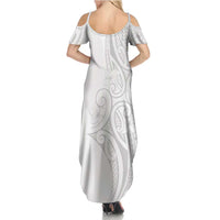 Polynesia White Sunday Family Matching Summer Maxi Dress and Hawaiian Shirt Plumeria Polynesian Tribal Grey Color - Polynesian Pride