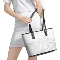Polynesia White Sunday Leather Tote Bag Plumeria Polynesian Tribal Grey Color - Polynesian Pride