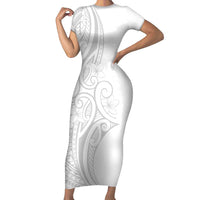 Polynesia White Sunday Short Sleeve Bodycon Dress Plumeria Polynesian Tribal Grey Color - Polynesian Pride
