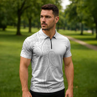 Polynesia White Sunday Zipper Polo Shirt Plumeria Polynesian Tribal Grey Color LT14 - Polynesian Pride