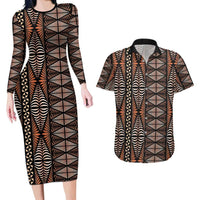Malo e lelei Tonga Couples Matching Long Sleeve Bodycon Dress and Hawaiian Shirt Tongan Ngatu Vintage Brown - Polynesian Pride