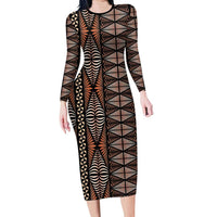 Malo e lelei Tonga Family Matching Long Sleeve Bodycon Dress and Hawaiian Shirt Tongan Ngatu Vintage Brown - Polynesian Pride