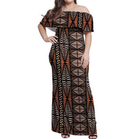 Malo e lelei Tonga Off Shoulder Maxi Dress Tongan Ngatu Vintage Brown - Polynesian Pride