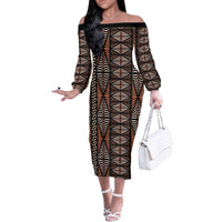 Malo e lelei Tonga Off The Shoulder Long Sleeve Dress Tongan Ngatu Vintage Brown - Polynesian Pride