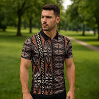 Malo e lelei Tonga Zipper Polo Shirt Tongan Ngatu Vintage Brown LT14 - Polynesian Pride