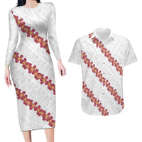 White Sunday Tonga Fakame Couples Matching Long Sleeve Bodycon Dress and Hawaiian Shirt Tongan Ngatu Heilala Lei - Polynesian Pride