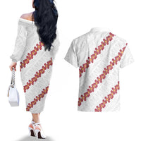 White Sunday Tonga Fakame Couples Matching Off The Shoulder Long Sleeve Dress and Hawaiian Shirt Tongan Ngatu Heilala Lei - Polynesian Pride