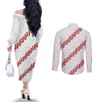 White Sunday Tonga Fakame Couples Matching Off The Shoulder Long Sleeve Dress and Long Sleeve Button Shirt Tongan Ngatu Heilala Lei - Polynesian Pride