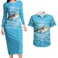 Aloha Hawaii Humuhumu Reef Triggerfish Couples Matching Long Sleeve Bodycon Dress and Hawaiian Shirt Hawaiian Leis Kakau Pattern LT14 Blue - Polynesian Pride