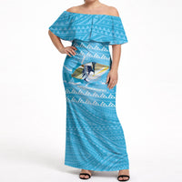 Aloha Hawaii Humuhumu Reef Triggerfish Off Shoulder Maxi Dress Hawaiian Leis Kakau Pattern LT14 Women Blue - Polynesian Pride