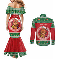 Personalized Hawaii Christmas Couples Matching Mermaid Dress and Long Sleeve Button Shirt Tiki Santa Mele Kalikimaka LT14 - Polynesian Pride