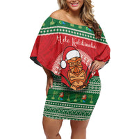 Personalized Hawaii Christmas Off Shoulder Short Dress Tiki Santa Mele Kalikimaka