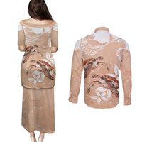Happy Valentine's Day Polynesia Couples Matching Puletasi and Long Sleeve Button Shirt SeaTurtle Couple Polynesian - Desert Sand Color
