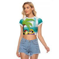 Hawaii Penguin Couple Raglan Cropped T Shirt Hawaiian Kakau - Tropical Summer Vibes LT14 Female Cyan - Polynesian Pride
