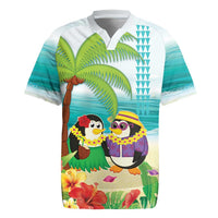Hawaii Penguin Couple Rugby Jersey Hawaiian Kakau - Tropical Summer Vibes LT14 Cyan - Polynesian Pride