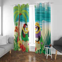 Hawaii Penguin Couple Window Curtain Hawaiian Kakau - Tropical Summer Vibes LT14 With Grommets Cyan - Polynesian Pride