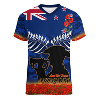 New Zealand ANZAC Day Women V Neck T Shirt 25 April Last Post Camouflage With Poppies LT14 Female Blue - Polynesian Pride