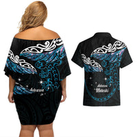 New Zealand Matariki Couples Matching Off Shoulder Short Dress and Hawaiian Shirt Maori New Year Silver Fern And Lizard - Turquosie LT14 - Polynesian Pride