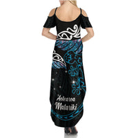 New Zealand Matariki Summer Maxi Dress Maori New Year Silver Fern And Lizard - Turquosie LT14 - Polynesian Pride