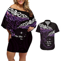 New Zealand Matariki Couples Matching Off Shoulder Short Dress and Hawaiian Shirt Maori New Year Silver Fern And Lizard - Purple LT14 Purple - Polynesian Pride