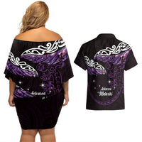 New Zealand Matariki Couples Matching Off Shoulder Short Dress and Hawaiian Shirt Maori New Year Silver Fern And Lizard - Purple LT14 - Polynesian Pride