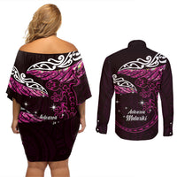 New Zealand Matariki Couples Matching Off Shoulder Short Dress and Long Sleeve Button Shirt Maori New Year Silver Fern And Lizard - Pink