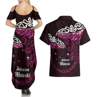 New Zealand Matariki Couples Matching Summer Maxi Dress and Hawaiian Shirt Maori New Year Silver Fern And Lizard - Pink